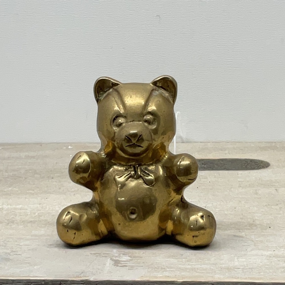 Vintage Solid Brass Teddy Bear Figurine Miniature Gold Paperweight Decor